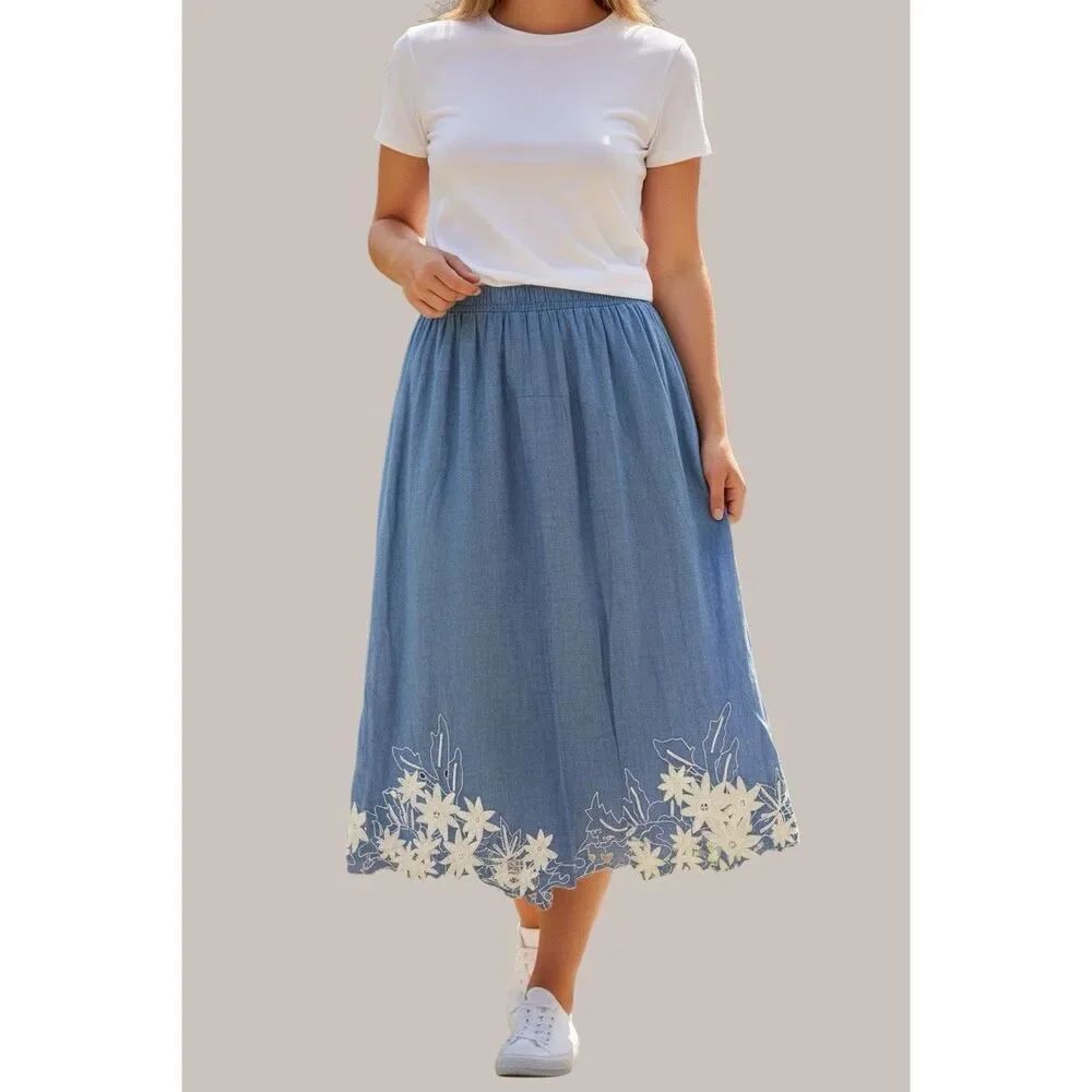 Vintage Y2k Notations Blue Linen Blend Embroidered Floral Cottagecore Midi Skirt